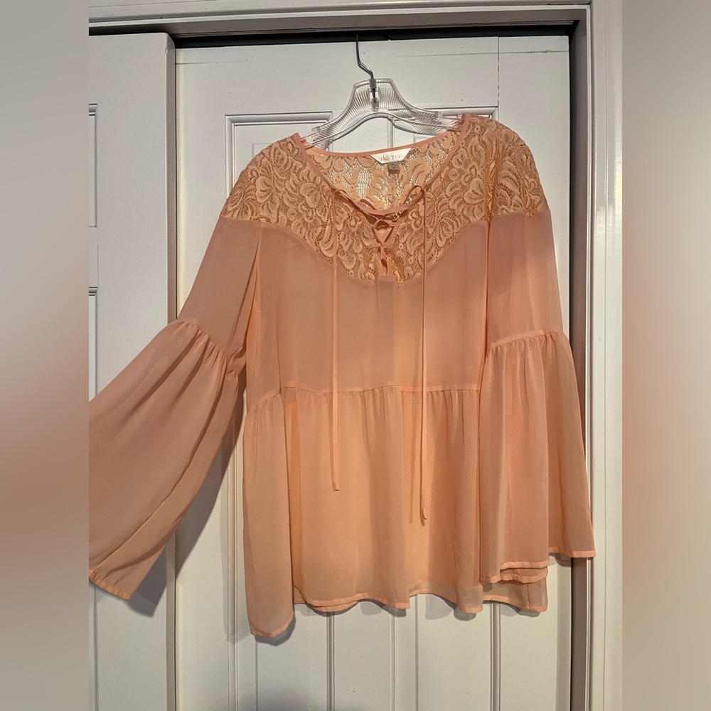 Decree Peach Colored Blouse With Tie Up Neckline and Lace Detail